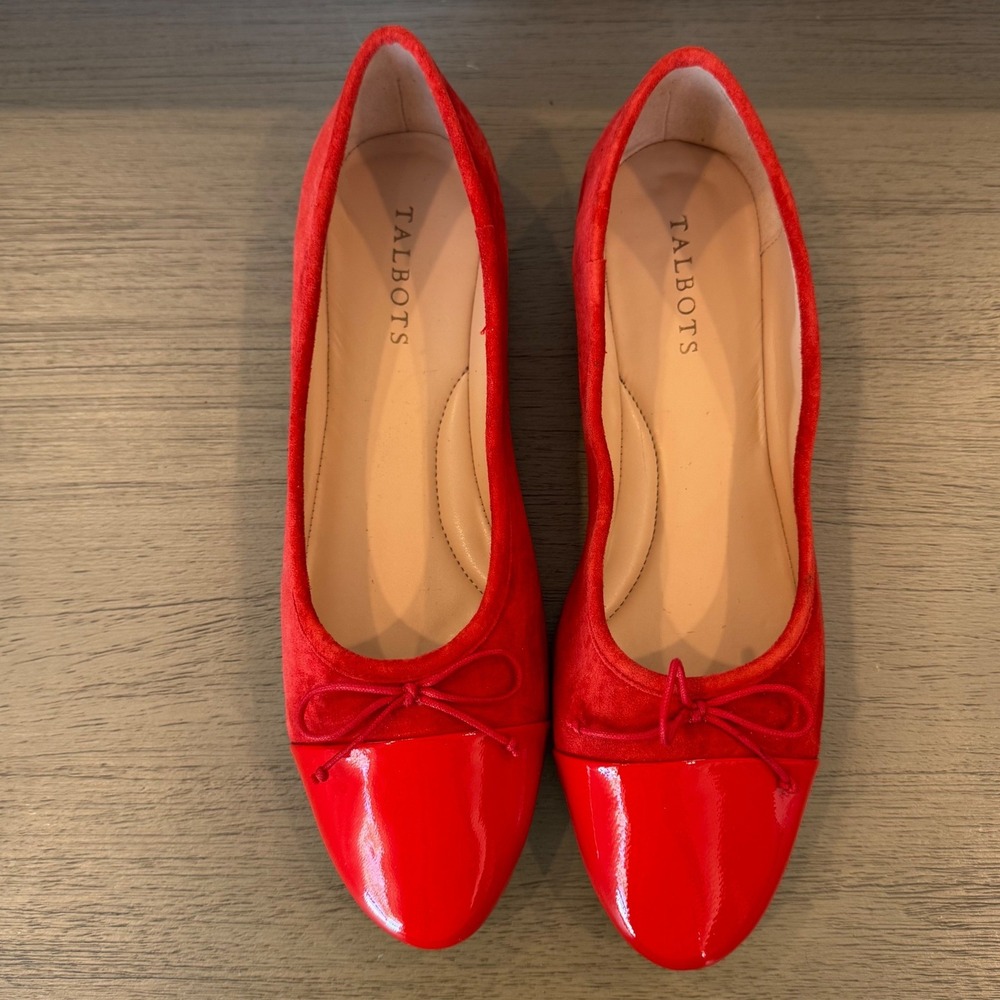 Talbots Women 9 M Red Suede Patent‎ Cap Toe Ballet Flats Bow Detail Low Heel - Picture 7 of 13
